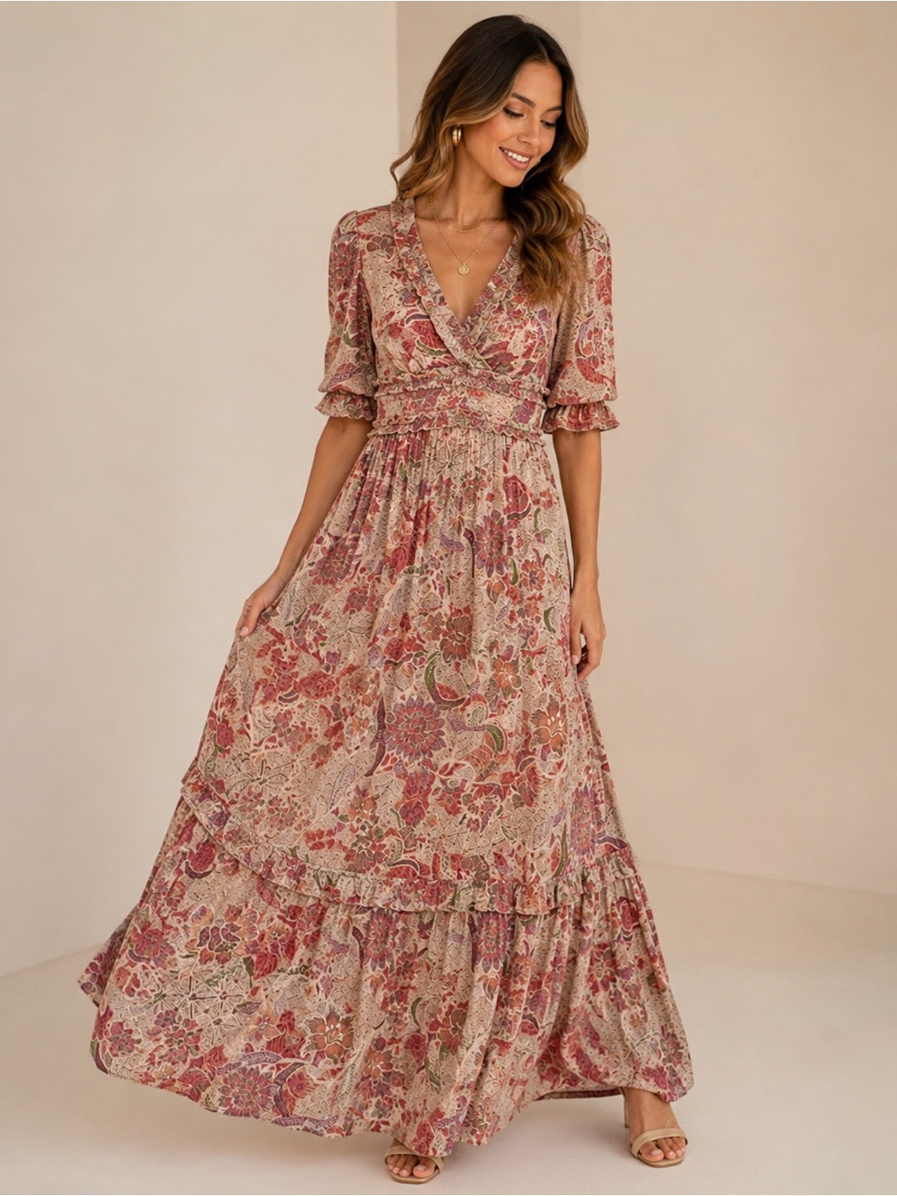 BTFL-Life Floral Ruffle Maxi Dress Boho Cottagecore Size Small